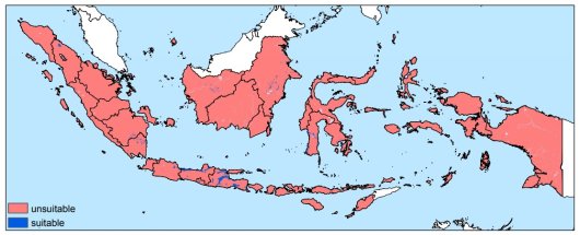 Figure 1: Land suitability for true shallot systems. Suitable if: Elevation<500 m, Slope<2%, 5.5<pH-H2O<7.5, SOM<10% and Clay<35%.